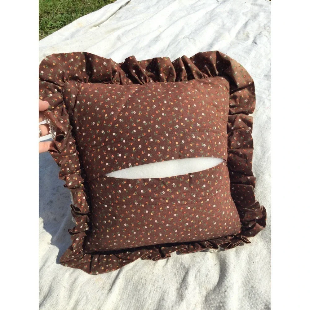 Vintage Decorative pillow embroidered pineapple 13”‎ cross-stitch floral brown